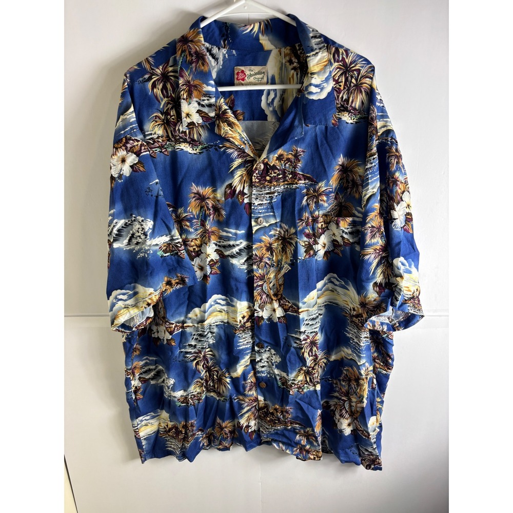 Hawaiian Original Mens Blue Tropical Palm Tree Island Print Aloha Shirt 4XL